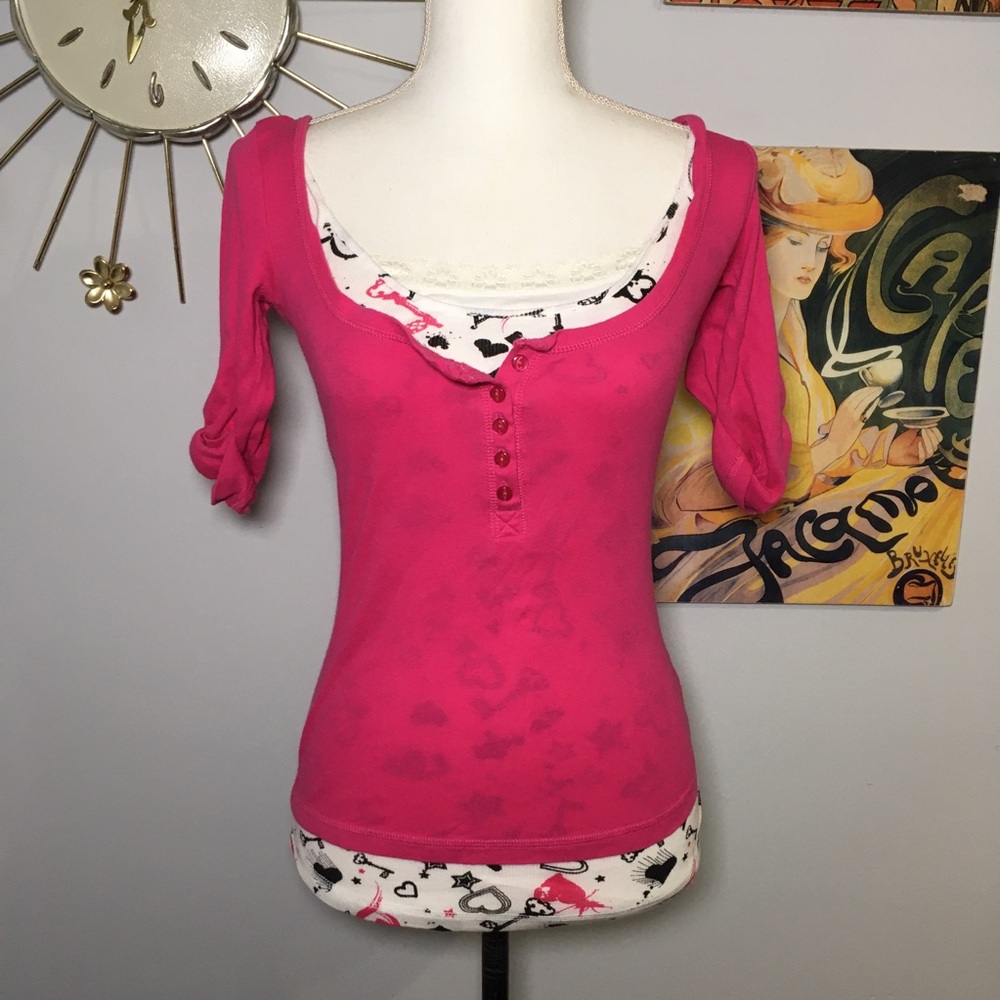 Vintage 00s Energie Quarter Sleeve Hot Pink White Layered Top S